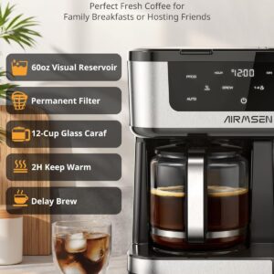 AIRMSEN 12-Cup Programmable Dual Coffee Maker – Single Serve Machine for K-Cup Pods & Ground, 1000W Fast Brew, Delay Start, 2H Keep Warm, Touchscreen, 60oz Tank, Glass Carafe – Home & Office - Image 7