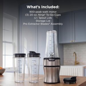 Ninja BN301 Nutri-Blender Plus Compact Personal Blender, 900-Peak-Watt Motor, Frozen Drinks, Smoothies, Sauces & More, (3) 20 oz. To-Go Cups, (2) Spout-Lids (1) Storage-Lid, Dishwasher Safe, Silver - Image 2