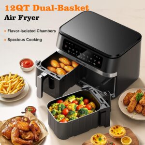 12QT Large Dual Basket Air Fryer with Viewing Window and 50pcs Paper Liners, 10-in-1 Digital Touchscreen Double Zone Air Fryers, SyncCook to Bake,Roast,Reheat,Broil, Nonstick Dishwasher Safe - Image 6