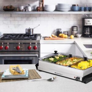 Elite Gourmet EWM-6171 Triple 3 x 2.5 Qt. Trays, Buffet Server, Food Warmer Temperature Control, Clear Slotted Lids, Perfect for Parties, Entertaining & Holidays, 7.5 Qt Total, Stainless Steel - Image 3