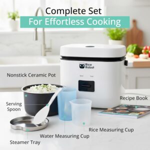 Rice Robot Personal Rice Cooker, PFAS-free, Nonstick. 1 Quart Capacity, with Stainless Steel Steamer Tray, Measuring Cups, Recipe Book with 60 Recipes, and Serving Spoon, As Seen On TV - Image 4