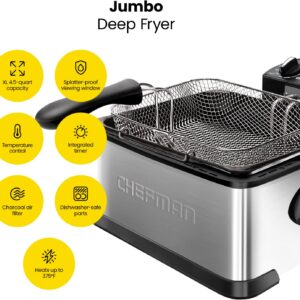 Chefman 4.5 Liter Deep Fryer w/Basket Strainer, XL Jumbo Size, Adjustable Temperature & Timer, Perfect for Fried Chicken, Shrimp, French Fries, Chips & More, Removable Oil-Container, Stainless Steel - Image 6