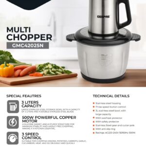GEEPAS Multi-Functional Electric Food Chopper, Stainless Steel Double Blade, 3-Speed Control, Robust Stainless Steel Housing & Gear System, Overheat/Safety Protection, Anti-Slip Base, AC 220-240V, 50/60Hz, 3 L 3 L 500 W GMC42025N Black/Silver - Image 2