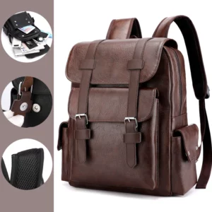 2023 Men Backpack PU Leather Bagpack Large Laptop Backpacks Male Mochilas Black Schoolbag For Teenagers Boys Brown Sac A Dos - Image 3