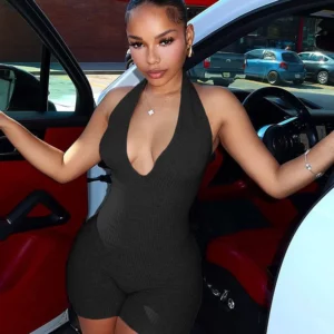 Weird Puss Ribbed Romper Women Sporty Casual Basic Solid Backless Skinny Elastic Halter Shirring Playsuit Summer Trend Overalls - Image 4