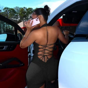 Weird Puss Ribbed Romper Women Sporty Casual Basic Solid Backless Skinny Elastic Halter Shirring Playsuit Summer Trend Overalls - Image 3