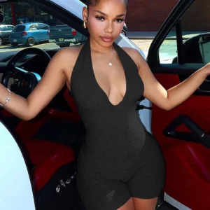 Weird Puss Ribbed Romper Women Sporty Casual Basic Solid Backless Skinny Elastic Halter Shirring Playsuit Summer Trend Overalls - Image 5