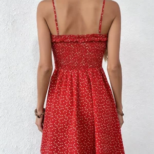 Women's Red Polka Dot Cami Dress Spaghetti Strap Ruffle Waist-Cinched A-line Cute Sweet Spring Summer Beach Vacation Mini Dress - Image 2