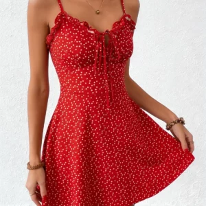 Women's Red Polka Dot Cami Dress Spaghetti Strap Ruffle Waist-Cinched A-line Cute Sweet Spring Summer Beach Vacation Mini Dress - Image 8