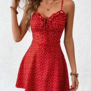 Women's Red Polka Dot Cami Dress Spaghetti Strap Ruffle Waist-Cinched A-line Cute Sweet Spring Summer Beach Vacation Mini Dress - Image 7
