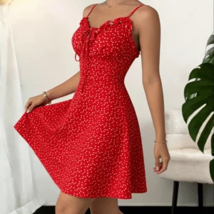 Women's Red Polka Dot Cami Dress Spaghetti Strap Ruffle Waist-Cinched A-line Cute Sweet Spring Summer Beach Vacation Mini Dress - Image 4