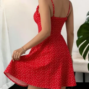 Women's Red Polka Dot Cami Dress Spaghetti Strap Ruffle Waist-Cinched A-line Cute Sweet Spring Summer Beach Vacation Mini Dress - Image 3