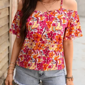 Women's Cami Top Floral Print Spaghetti Strap Off Shoulder Short Sleeve Top Spring Summer Beach Vacation Casual Boho Blouse - Image 6