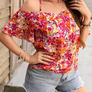 Women's Cami Top Floral Print Spaghetti Strap Off Shoulder Short Sleeve Top Spring Summer Beach Vacation Casual Boho Blouse - Image 5