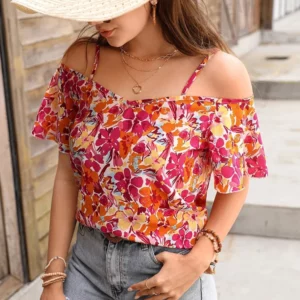 Women's Cami Top Floral Print Spaghetti Strap Off Shoulder Short Sleeve Top Spring Summer Beach Vacation Casual Boho Blouse - Image 4
