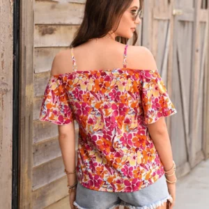 Women's Cami Top Floral Print Spaghetti Strap Off Shoulder Short Sleeve Top Spring Summer Beach Vacation Casual Boho Blouse - Image 3