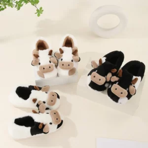 Winter Home Slippers for Couples Warm Plush Neutral Cartoon Cow Indoor Anti Slip Comfortable Cotton Slippers for Men and Women - Image 4
