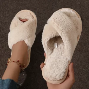 Cross Warm Fluffy Furry Slippers Women Lightweight Flat Heels Fur Slides Woman Autumn Winter Open Toe Non Slip Home Floor Shoes - Image 1