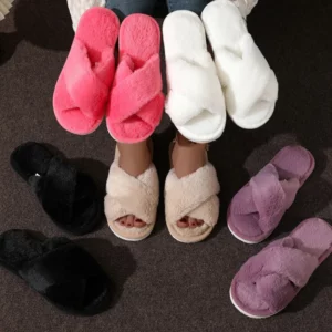 Cross Warm Fluffy Furry Slippers Women Lightweight Flat Heels Fur Slides Woman Autumn Winter Open Toe Non Slip Home Floor Shoes - Image 8