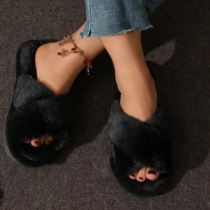 Cross Warm Fluffy Furry Slippers Women Lightweight Flat Heels Fur Slides Woman Autumn Winter Open Toe Non Slip Home Floor Shoes - Image 6