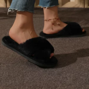 Cross Warm Fluffy Furry Slippers Women Lightweight Flat Heels Fur Slides Woman Autumn Winter Open Toe Non Slip Home Floor Shoes - Image 5