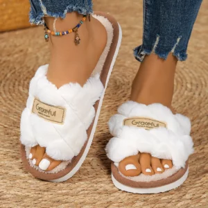 Winter Women's Home Fur Slippers Fashion Fuzzy Open-Toe Slides Indoor EVA Soft-Soled Silent Shoes Lady Flat Warm Flip Flops - Image 5