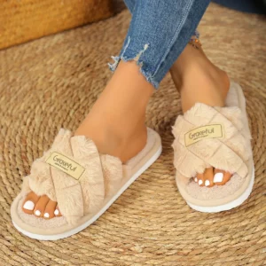 Winter Women's Home Fur Slippers Fashion Fuzzy Open-Toe Slides Indoor EVA Soft-Soled Silent Shoes Lady Flat Warm Flip Flops - Image 6
