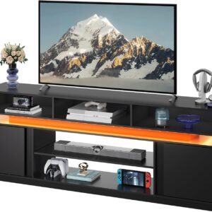 WLIVE Modern TV Stand for 75 Inch TV, 2 Tier Entertainment Center with LED Lights & Storage Cabinets, Media TV Console Gaming Television Stands for Living Room, Bedroom,Black - Image 2