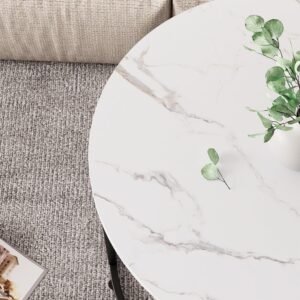 Round Nesting Coffee Table Side Table Set of 2 End Tables for Living Room Bedroom Balcony, White Faux Marble Wooden Table Accent Coffee Table with Black Steel Frame - Image 2
