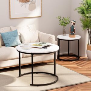 Round Nesting Coffee Table Side Table Set of 2 End Tables for Living Room Bedroom Balcony, White Faux Marble Wooden Table Accent Coffee Table with Black Steel Frame - Image 3