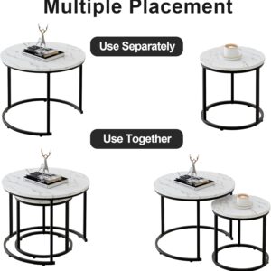 Round Nesting Coffee Table Side Table Set of 2 End Tables for Living Room Bedroom Balcony, White Faux Marble Wooden Table Accent Coffee Table with Black Steel Frame - Image 4
