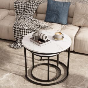 Round Nesting Coffee Table Side Table Set of 2 End Tables for Living Room Bedroom Balcony, White Faux Marble Wooden Table Accent Coffee Table with Black Steel Frame - Image 5