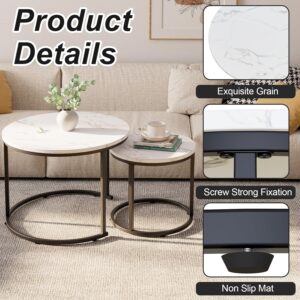 Round Nesting Coffee Table Side Table Set of 2 End Tables for Living Room Bedroom Balcony, White Faux Marble Wooden Table Accent Coffee Table with Black Steel Frame - Image 6