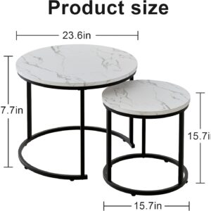 Round Nesting Coffee Table Side Table Set of 2 End Tables for Living Room Bedroom Balcony, White Faux Marble Wooden Table Accent Coffee Table with Black Steel Frame - Image 8