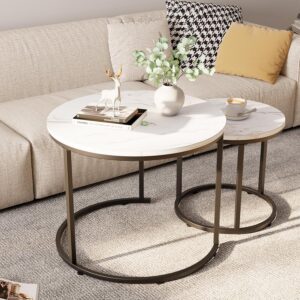 Round Nesting Coffee Table Side Table Set of 2 End Tables for Living Room Bedroom Balcony, White Faux Marble Wooden Table Accent Coffee Table with Black Steel Frame - Image 9