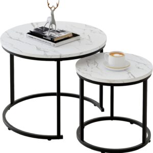 Round Nesting Coffee Table Side Table Set of 2 End Tables for Living Room Bedroom Balcony, White Faux Marble Wooden Table Accent Coffee Table with Black Steel Frame - Image 10