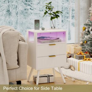 White Nightstand with Charging Station and LED Lights,Modern Bedside Table with 2 Storage Drawer and Open Wood Shelf, for Bedroom and Small Spaces,Night Stand with Solid Wood Legs,White - Image 2