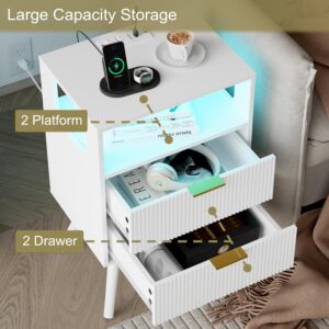 White Nightstand with Charging Station and LED Lights,Modern Bedside Table with 2 Storage Drawer and Open Wood Shelf, for Bedroom and Small Spaces,Night Stand with Solid Wood Legs,White - Image 4