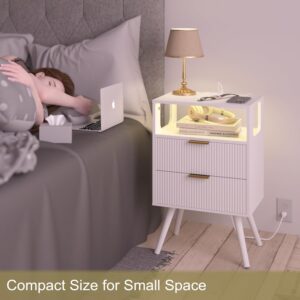 White Nightstand with Charging Station and LED Lights,Modern Bedside Table with 2 Storage Drawer and Open Wood Shelf, for Bedroom and Small Spaces,Night Stand with Solid Wood Legs,White - Image 6