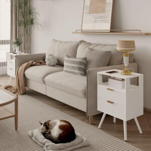 White Nightstand with Charging Station and LED Lights,Modern Bedside Table with 2 Storage Drawer and Open Wood Shelf, for Bedroom and Small Spaces,Night Stand with Solid Wood Legs,White - Image 7