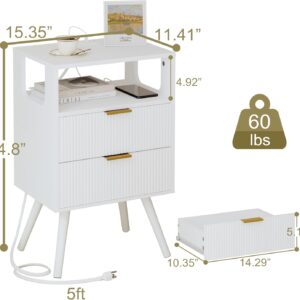 White Nightstand with Charging Station and LED Lights,Modern Bedside Table with 2 Storage Drawer and Open Wood Shelf, for Bedroom and Small Spaces,Night Stand with Solid Wood Legs,White - Image 8