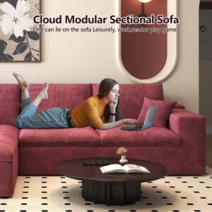 107'' U-Shaped Modern Modular Sectional Cloud Couch Whit Ottoman, 4-Seat Chenille Deep-Seat Sofa with Pillow for Living Room, Bedroom, Apartment, Wine Red - Image 2