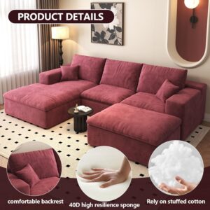 107'' U-Shaped Modern Modular Sectional Cloud Couch Whit Ottoman, 4-Seat Chenille Deep-Seat Sofa with Pillow for Living Room, Bedroom, Apartment, Wine Red - Image 7