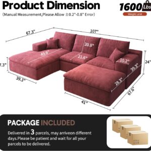 107'' U-Shaped Modern Modular Sectional Cloud Couch Whit Ottoman, 4-Seat Chenille Deep-Seat Sofa with Pillow for Living Room, Bedroom, Apartment, Wine Red - Image 9