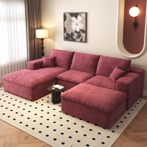 107'' U-Shaped Modern Modular Sectional Cloud Couch Whit Ottoman, 4-Seat Chenille Deep-Seat Sofa with Pillow for Living Room, Bedroom, Apartment, Wine Red - Image 10