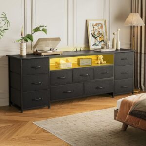 Large TV Stand for 65, 70 Inch TV, 11 Drawer Long Dresser with Power Outlets and LED Lights, Entertainment Center with Storage, Black Dresser with PU Leather Surface, 13" D x 63" W x 26.8" H - Image 4