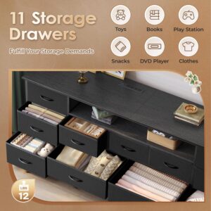 Large TV Stand for 65, 70 Inch TV, 11 Drawer Long Dresser with Power Outlets and LED Lights, Entertainment Center with Storage, Black Dresser with PU Leather Surface, 13" D x 63" W x 26.8" H - Image 5