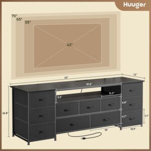 Large TV Stand for 65, 70 Inch TV, 11 Drawer Long Dresser with Power Outlets and LED Lights, Entertainment Center with Storage, Black Dresser with PU Leather Surface, 13" D x 63" W x 26.8" H - Image 8
