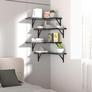 Corner Floating Shelves Wall Mounted Set of 4, Rustic Wood Storage Display Wall Shelves for Home Decor, Bathroom, Kitchen, Bedroom, Living Room, Office (Black) - Image 2