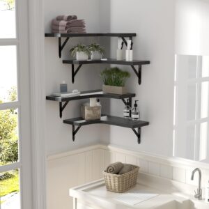 Corner Floating Shelves Wall Mounted Set of 4, Rustic Wood Storage Display Wall Shelves for Home Decor, Bathroom, Kitchen, Bedroom, Living Room, Office (Black) - Image 3